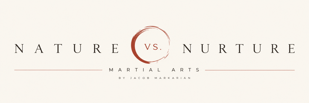 Nature vs. Nurture Martial Arts horizontal logo, featuring minimalist typography and a red circular emblem, by Jacob Markarian.